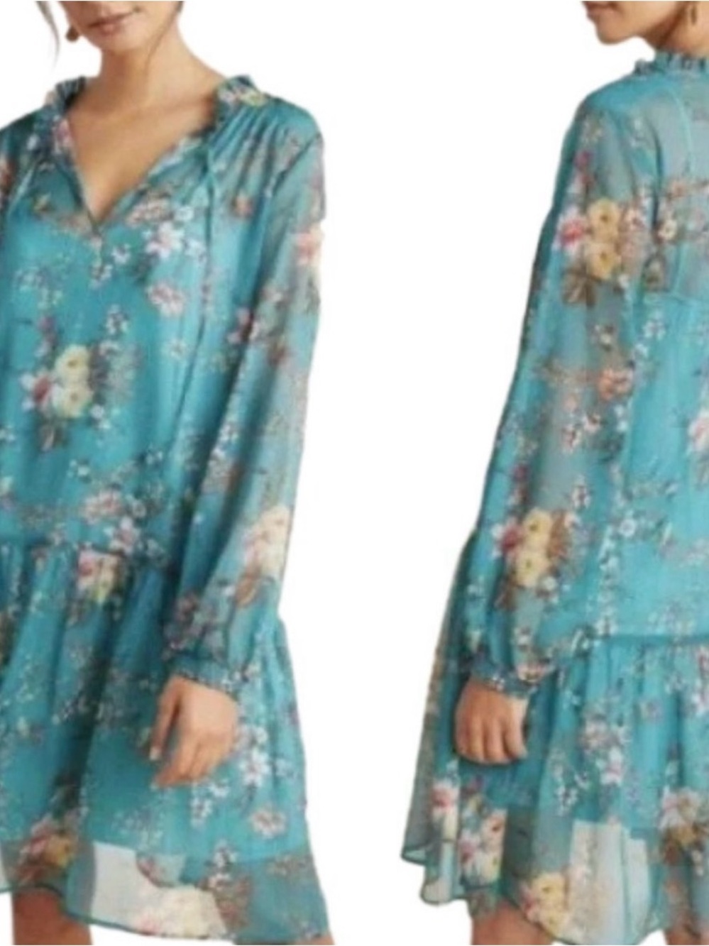 NWT Anthropologie Maive Teal Floral Ruffle-Trim Sheer Long-Sleeve Dress. Size XS - Picture 3 of 16